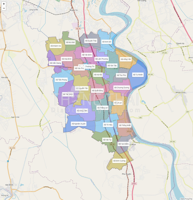 Bản đồ của huyện Thường Tín và các vị trí của các đơn vị hành chính của huyện