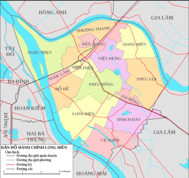 Bản đồ hành chính của quận Long Biên bao gồm 14 phường