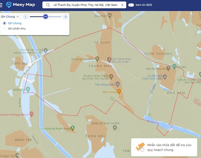 Bản đồ hiển thị quy hoạch chung của xã Thanh Đa trên ứng dụng Meey Map