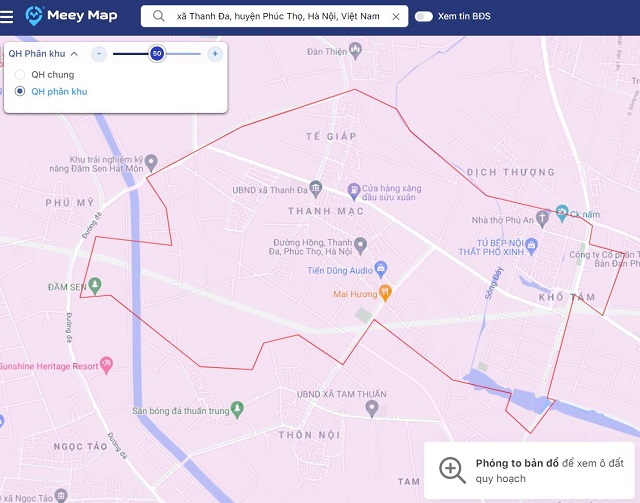 Bản đồ hiển thị quy hoạch phân khu của xã Thanh Đa trên ứng dụng Meey Map