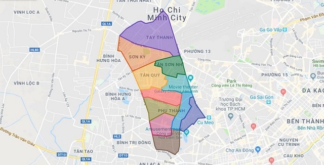 Quận Tân Phú có vị trí địa lý giáp ranh với nhiều quận trung tâm của thành phố Hồ Chí Minh