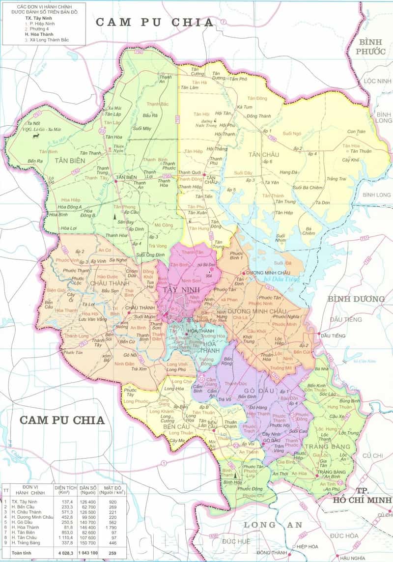 Vị trí hành chính tỉnh Tây Ninh