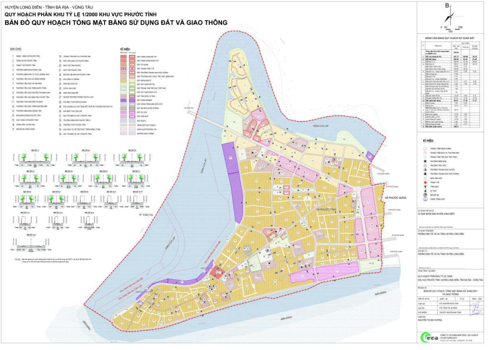 Bản đồ quy hoạch tổng mặt bằng sử dụng đất và giao thông khu vực Phước Tỉnh  huyện Long Điền - Vũng Tàu