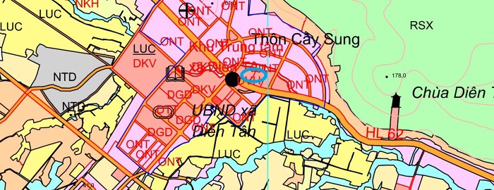 Quy hoạch sử dụng đất xã Diên Tân theo bản đồ quy hoạch sử dụng đất đến năm 2030 của huyện Diên Khánh, tỉnh Khánh Hòa. Khu đất được khoanh tròn màu xanh chính là ví dụ về khu đất được quy hoạch ở xã Diên Tân.