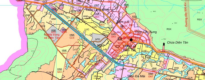 Đường sẽ mở theo quy hoạch ở xã Diên Tân theo bản đồ quy hoạch sử dụng đất đến năm 2030 của huyện Diên Khánh, tỉnh Khánh Hòa. (Đường kẻ màu xanh). 