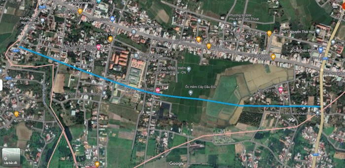 Sơ đồ tuyến đường sẽ mở theo quy hoạch ở xã Diên Phước. (Ảnh chụp từ Google Map). 