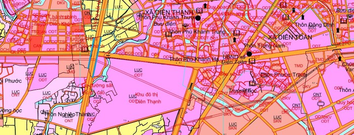 Bản đồ quy hoạch xã Diên Thạnh theo bản đồ quy hoạch sử dụng đất đến năm 2030 của huyện Diên Khánh, tỉnh Khánh Hòa. Ví dụ, đường viền màu xanh là đường sẽ mở theo quy hoạch.