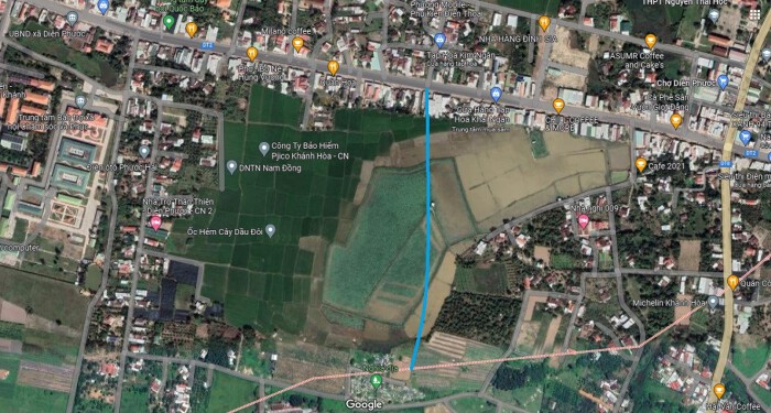 Sơ đồ tuyến đường sẽ mở theo quy hoạch ở xã Diên Phước. (Ảnh chụp từ Google Map).