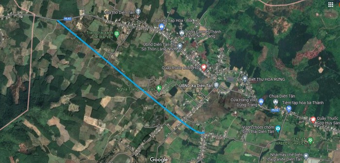 Sơ đồ tuyến đường sẽ mở theo quy hoạch ở xã Diên Tân. (Ảnh chụp từ Google Map). 