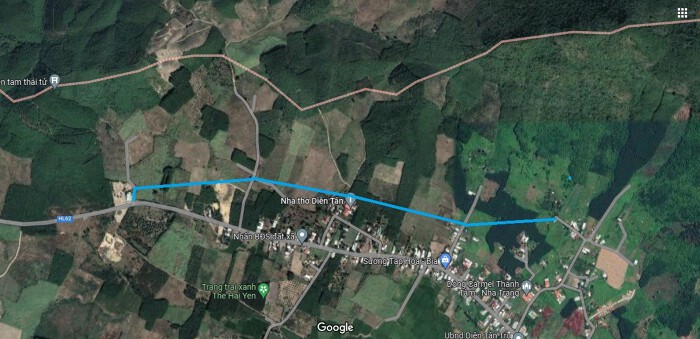 Sơ đồ tuyến đường sẽ mở theo quy hoạch ở xã Diên Tân. (Ảnh chụp từ Google Map). 