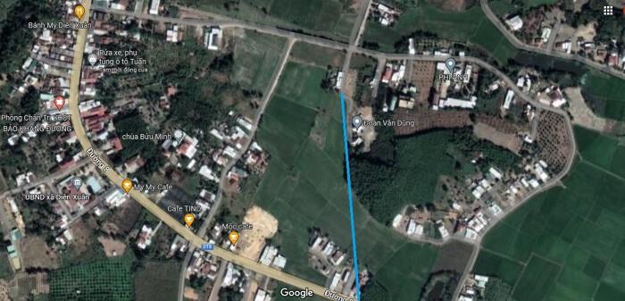 Sơ đồ tuyến đường sẽ mở theo quy hoạch ở xã Diên Xuân. (Ảnh chụp từ Google Map). 