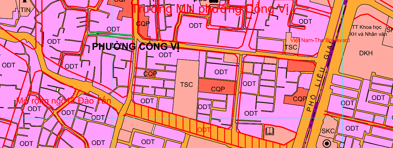 Đường có thể mở theo quy hoạch ở phường Cống Vị theo bản đồ phương án phân bổ và khoanh vùng đất đai đến năm 2030 của quận Ba Đình, thành phố Hà Nội. (Đường kẻ viền màu xanh lá).