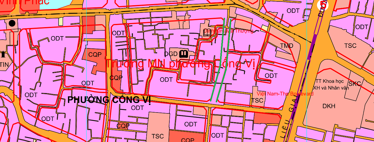 Đường có thể mở theo quy hoạch ở phường Cống Vị theo bản đồ phương án phân bổ và khoanh vùng đất đai đến năm 2030 của quận Ba Đình, thành phố Hà Nội. (Đường kẻ viền màu xanh lá).