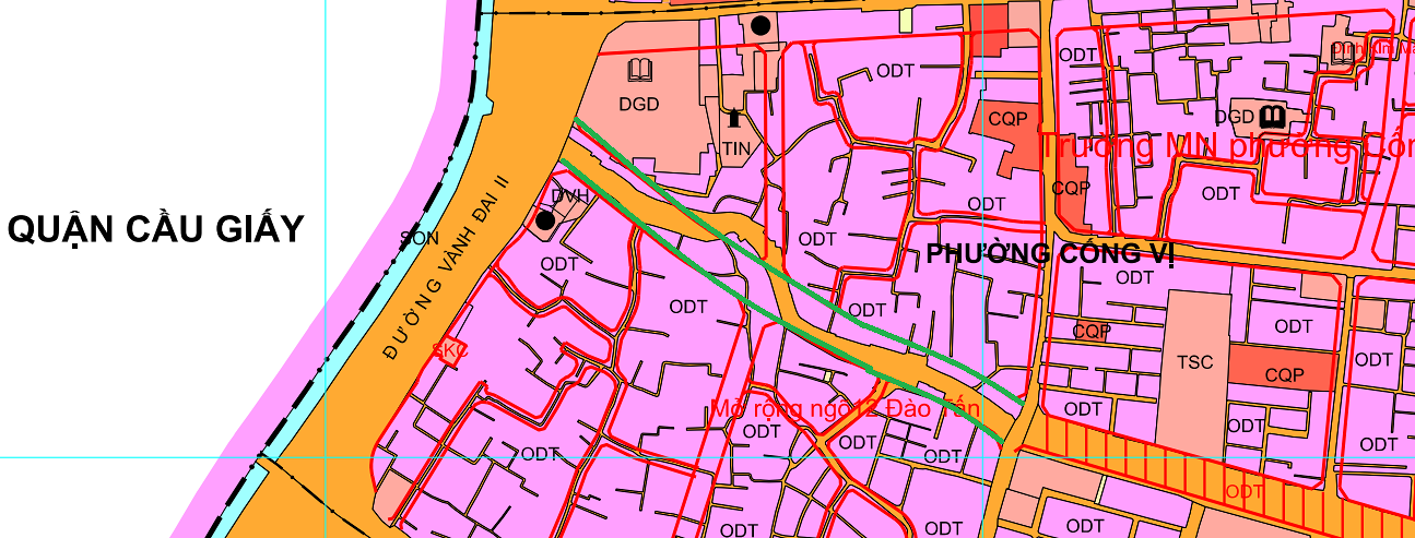 Đường có thể mở theo quy hoạch ở phường Cống Vị theo bản đồ phương án phân bổ và khoanh vùng đất đai đến năm 2030 của quận Ba Đình, thành phố Hà Nội. (Đường kẻ viền màu xanh lá)