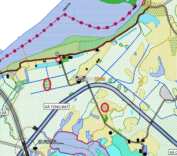 Một số khu đất dính quy hoạch của xã Tòng Bạt trên bản đồ quy hoạch sử dụng đất huyện Ba Vì.
