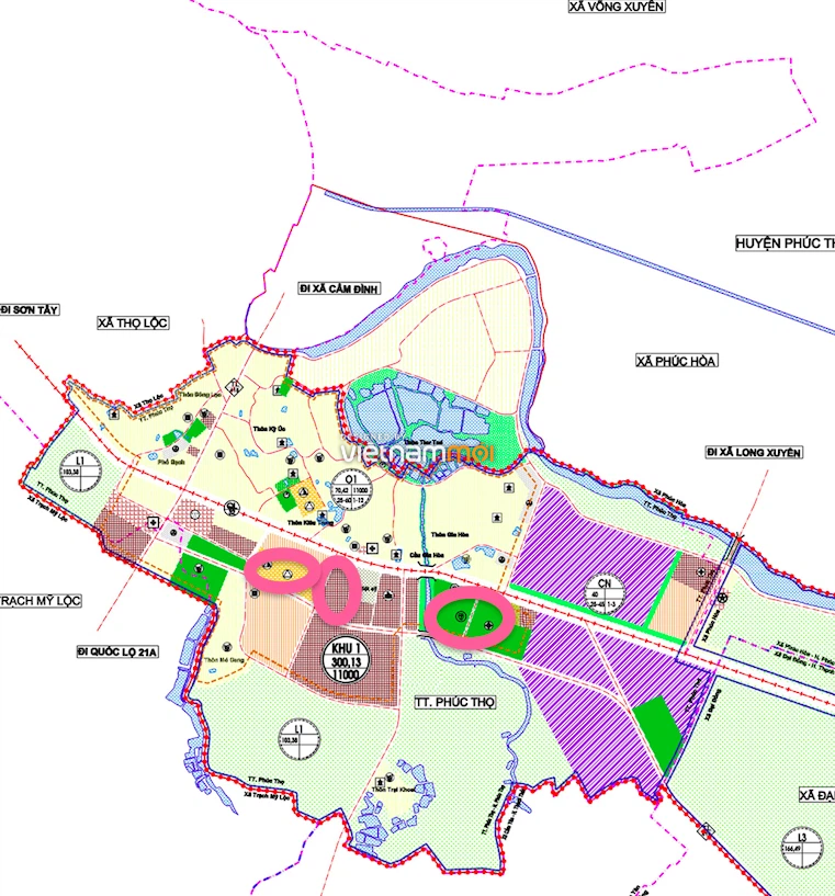 Một số khu đất dính quy hoạch của thị trấn Phúc Thọ trên bản đồ quy hoạch sử dụng đất huyện Phúc Thọ