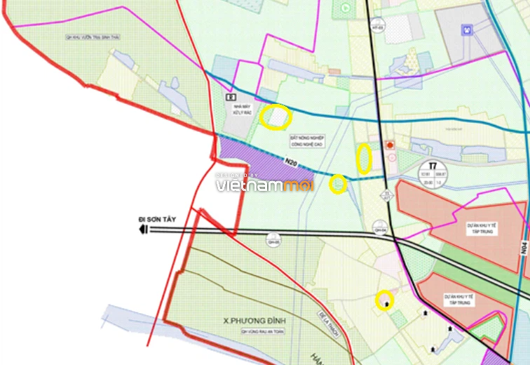 Một số khu đất dính quy hoạch của xã Phương Đình được thể hiện trong bản đồ quy hoạch chung xây dựng huyện Đan Phượng, thành phố Hà Nội đến năm 2030