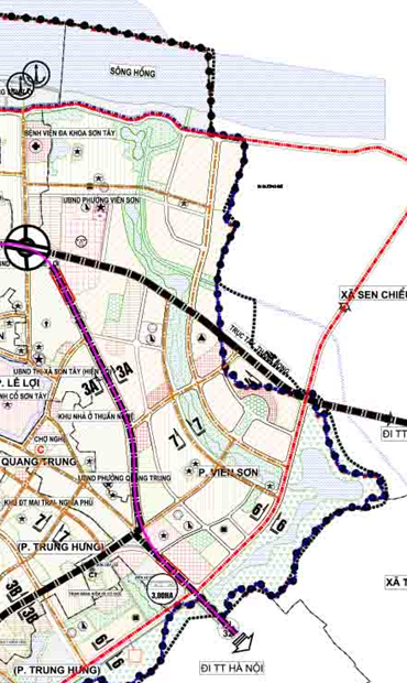 Bản đồ quy hoạch giao thông phường Viên Sơn theo bản đồ quy hoạch chung xây dựng thị xã Sơn Tây (lồng ghép đô thị vệ tinh Sơn Tây), thành phố Hà Nội đến năm 2030.