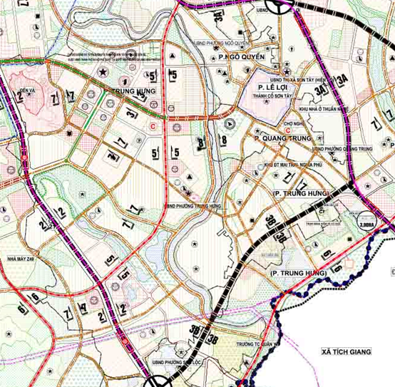 Bản đồ quy hoạch giao thông phường Trung Hưng theo bản đồ quy hoạch chung xây dựng thị xã Sơn Tây (lồng ghép đô thị vệ tinh Sơn Tây), thành phố Hà Nội đến năm 2030.
