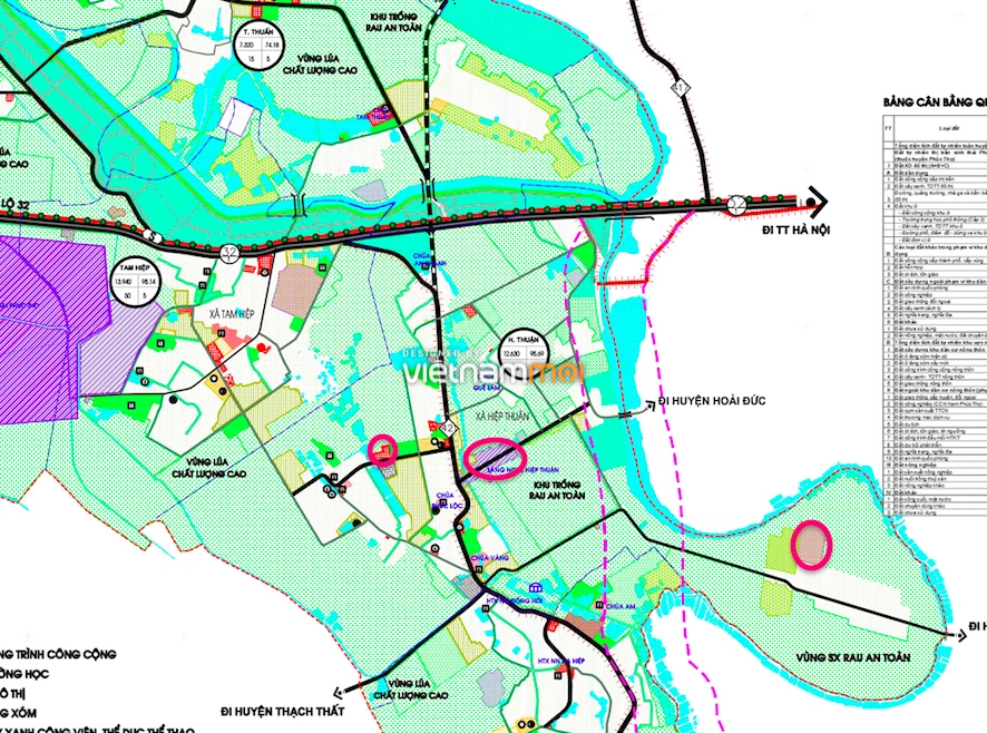 Một số khu đất dính quy hoạch của xã Hiệp Thuận trên bản đồ quy hoạch sử dụng đất huyện Phúc Thọ