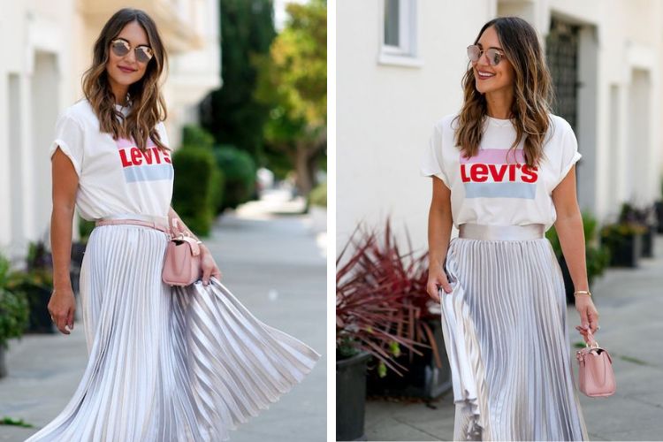 Áo thun mix với chân váy xếp ly