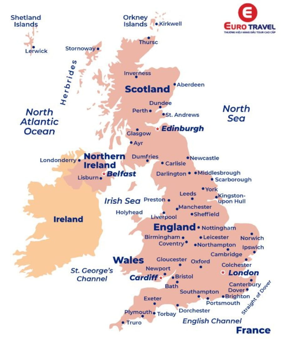 Bản đồ nước Anh và Bắc Ireland khổ lớn năm 2023