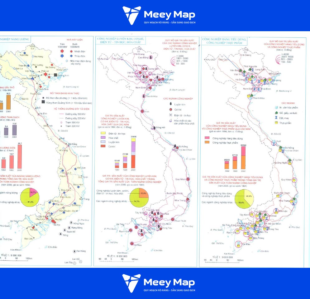 Bản đồ Việt Nam: Năng Lượng, Công nghiệp luyện kim, Công nghiệp tiêu dùng thực phẩm