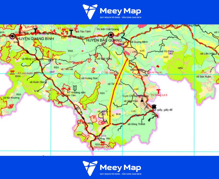 Trong hai duong ke mau vang la duong se mo o tinh Ha Giang the hien tren ban do quy hoach su dung dat den nam 2030 tinh Ha Giang