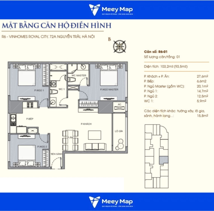 Căn hộ chung cư Vinhomes Royal City, Quận Thanh Xuân 6 Mặt bằng căn hộ 3 phòng ngủ Royal City