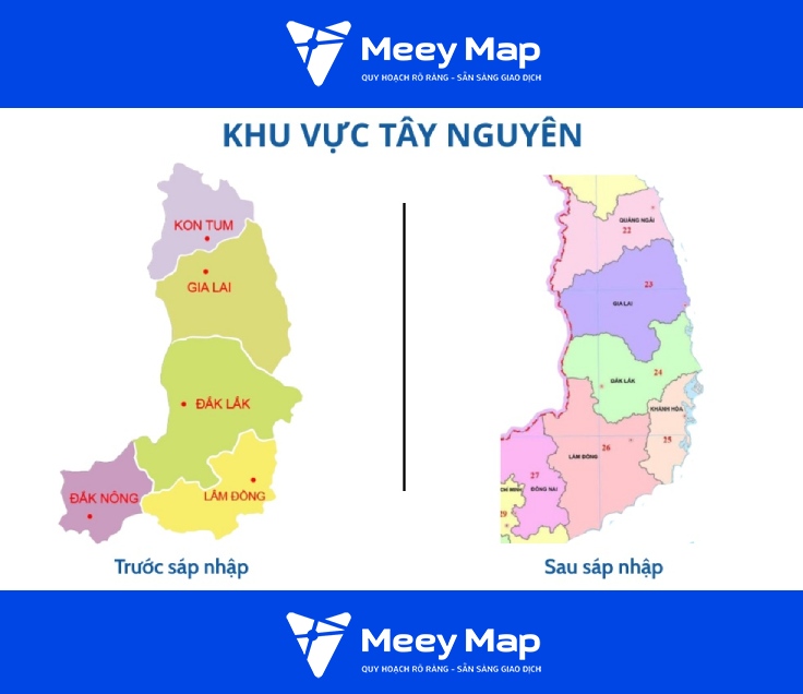 Ban do khu vuc Tay Nguyen truoc va sau sap nhap