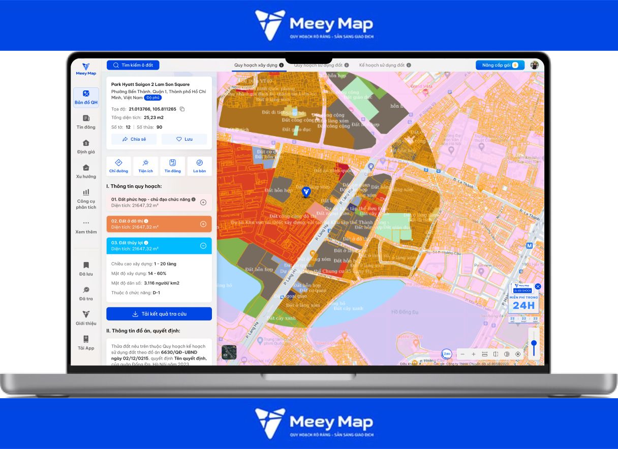 Giao diện app check quy hoạch Bắc Ninh hiển thị thông tin thửa đất, mục đích sử dụng và ranh giới quy hoạch.