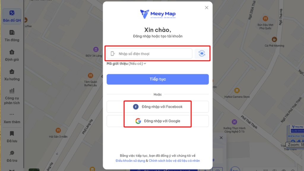 Thông tin chi tiết về quy hoạch Cần Thơ và cách tra cứu bản đồ quy hoạch 5 Có thể sử dụng số điện thoại, tài khoản Facebook hoặc tài khoản Google để đăng ký tra cứu quy hoạch